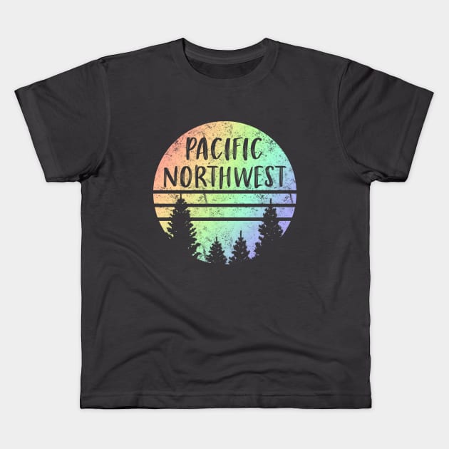 Pacific Northwest NW Rainbow Tree Silhouette Weathered Kids T-Shirt by Pine Hill Goods